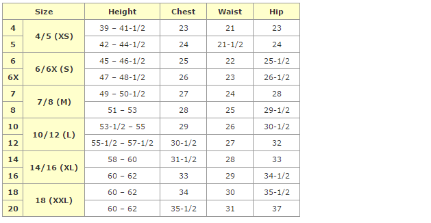 girl pants size chart